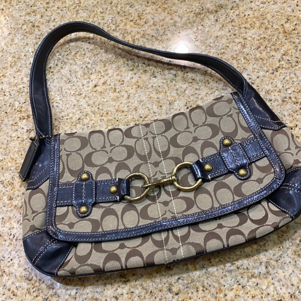 Classic Coach purse. Tan, cream, mocha and brass